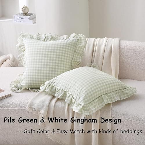 K MASANIJI 2 Pack Pile Green White Plaid Ruffle Gingham Throw Pillow Covers, 100% Washed Cotton Checkered Farmhouse Decorative Pillow Shams for Bed/Sofa - 18‘’x18'' thumbnail 2