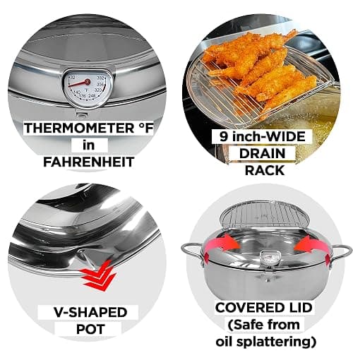 Saltlas Deep Fryer Pot (°F), 11"/4.4Qt (4.2 L) Extra Large Tempura Frying Pot with Lid, 304 Stainless Steel Fry Pot with Fahrenheit Thermometer and Oil Drip Drain Rack thumbnail 5