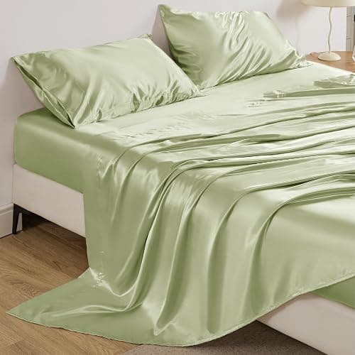 Bedsure Satin Sheets Queen Size - 4 Piece Silky Bedsheets with 15 Inches Deep Pocket Fitted Bedsheet,1 Flat Sheet, 2 Satin Pillowcases, Good for Hair & Skin (Queen, Sage Green) thumbnail 8