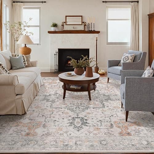GENIMO 8x10 Area Rugs for Living Room, Machine Washable Non Slip Vintage Rugs, Low Pile Lightweight Chenille Print Rug for Bedroom, Dining Room, Home Office, Light Taupe Brown thumbnail 8