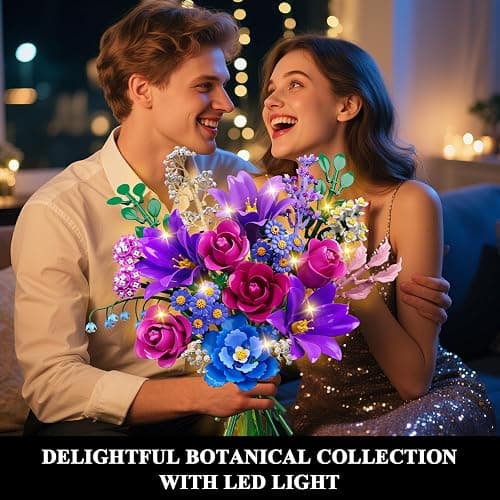 CUBIMANA Flowers Bouquet Building Set with LED Light, 21 Flower Botanical Collection Building Block Toy, Rose Lily Home Plant Decor 1054PCS for Her Adults Women Kids Girls 12+ (Purple) thumbnail 2