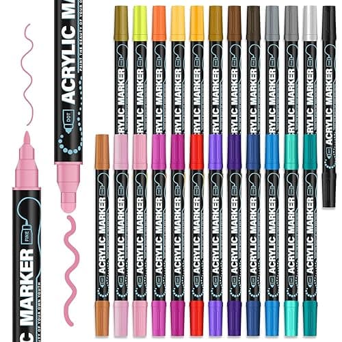 Acrylic Paint Markers, 24 Colors Paint Pens Acrylic Markers, Dual-Tip Acrylic Paint Pens (Dot & Fine) Rock for Painting, Fabric, Wood, Ceramic, Stone, Glass, Canvas, Scrapbook, Crafts & Art Supplies. - 24 - Dual Tip: Dot + Fine