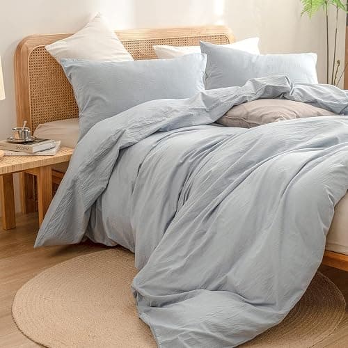 BESTOUCH Duvet Cover Set 100% Washed Cotton Linen Feel Super Soft Comfortable Chic Lightweight 2 PCs Home Bedding Set Solid Cornflower Blue Twin/Twin XL thumbnail 5