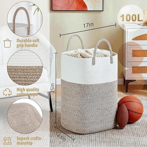 Laundry Basket,Woven Cotton Rope Laundry Hamper,Versatile Storage for Dirty Clothes,Baby Toys,and Blankets in Bathroom, Nursery,and Living Room (Brown, 100L) thumbnail 3