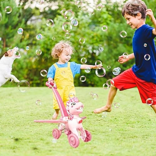 Pink Bubble Machine Blower Maker Lawn Mower Walking Toy Christmas Basket Stuffers Outdoor Summer Girls Kids Toddler 1st Birthday Best Gift for 1 2 3 Year Old Unique Cute Valentines Day Unicorn Gifts thumbnail 2