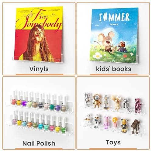 upsimples 4 Pack Vinyl Record Wall Mount Shelves, 12" Vinyl Holder for Album Record Storage & Display, Clear Acrylic Floating Shelves for Wall Decor, Kids Bookshelf, Magazine Rack, Picture Ledge thumbnail 5