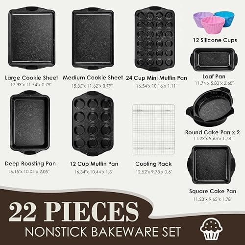 Baking Pans Set Nonstick, Bakeware Sets Stackable with Silicone Handles, AIVIKI 22 Pieces Oven Pan for Cooking Including Baking Cookie Sheet with Rack, Roast Pan, Cake Pan, Loaf Pan, Muffin Pan, Black thumbnail 3