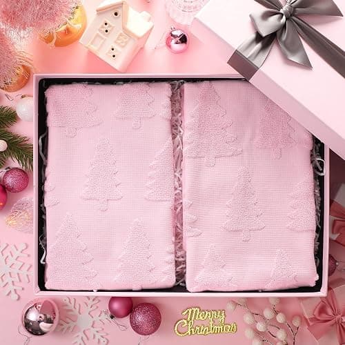 Breling 2 Pcs Christmas Hand Towels Pink Christmas Trees Bathroom Decorative Towels 100% Cotton Absorbent Jacquard Weave Bath Decor Winter Holiday Bathroom Decor Xmas Gifts 13.7''x29.5'' thumbnail 2