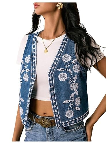 GORGLITTER Women's Embroidered Vest Boho Jean Top Western Rodeo Outfit Sleeveless Cropped Floral Denim Jacket - Image 1