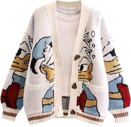 Lazutom Womens Fall Cute Embroidery Cartoon Duck Cable Knit Cardigans Sweater Button Down Slouchy Wool Blend Coat - Image 1