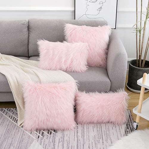 WLNUI Pink Faux Fur Pillow Covers 18x18 Inch,Set of 2 Plush Decorative Throw Pillow Case for Couch Sofa Bed, Soft Fluffy Blush Pink Cushion Cover with Hidden Zipper for Bedroom Girls Room Dorm Decor thumbnail 3