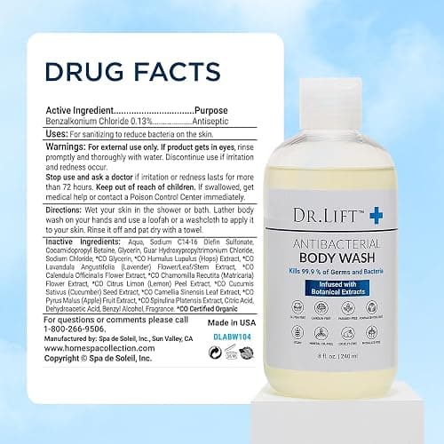 DR. LIFT Antibacterial Body Wash, Refreshing Scent, Hydrating Shower or Bath Cleanser With Citric Acid, Spirulina, and Lemon, Clean Moisturizing Formula, Vegan, Paraben and Phthalate Free, 8 Fl Oz thumbnail 8