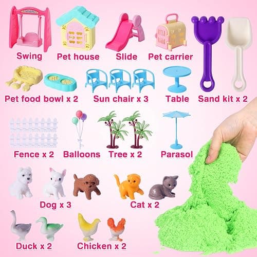 Billeeit Pet Sensory Bin Sand Toy with 2.2lbs Green Magic Sand, Dog ＆ Cat Play Sand Kit for Boys and Girls Including 28pcs Accessories Total, Sand Box Toys Gift for Kids 3+ Indoor Creativity thumbnail 2