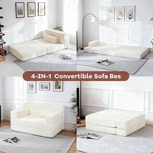YEPDIN Folding Sofa Bed,Convertible Sofa Bed with Armrest Foldable Sleeper Chair, Portable Folding 4-in-1 Floor Sofa with Convertible Lounge Chair for Living Room,Bedroom,Washable Cover,White Single thumbnail 7