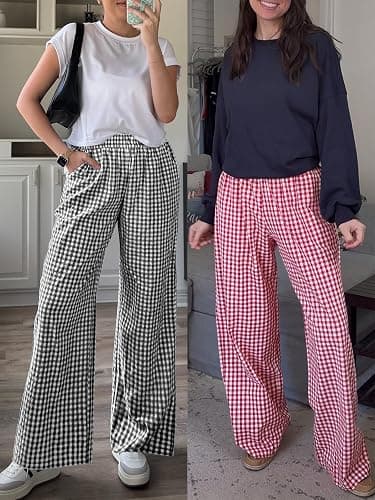 ANRABESS Womens Striped Gingham Palazzo Pants Wide Leg High Waisted Lounge Pajama Pants Cute Casual Trousers with Pockets thumbnail 6