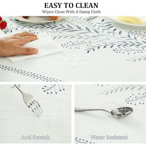 VOGOL Blue Leaf Embroidered Tablecloth, Linen Textured Rectangle Waterproof Wrinkle Free Table Cover for Family Dinner Table or Outdoor Gathering, 55 x 102 Inches thumbnail 4