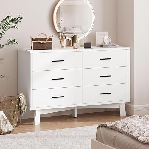 Xixini Dresser for Bedroom, 6 Drawer Wide Modern Chest of Drawers with X-Shaped Sturdy Base, Wood Double Dresser Closet Clothes Storage Organizer, Wooden TV Stand for Living Room, Hallway, White thumbnail 4