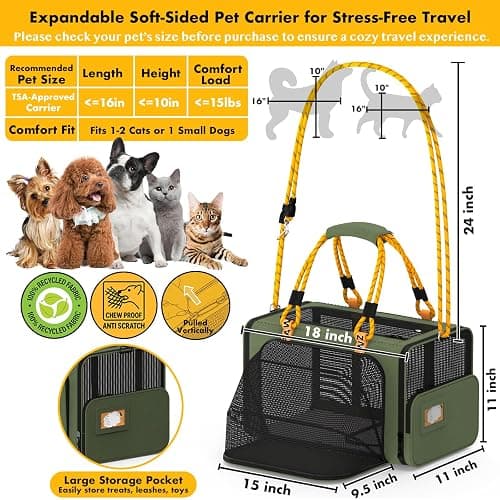 PAWZIDEA Expandable Pet Carrier Airline Approved, 18"×11"×11" Small Dog Carriers, Collapsible Top-Load Cat Carrier for 2 Cats Under Seat, Soft-Sided Puppy & Animal Travel Bag, ID Card, Up to 15lbs thumbnail 2