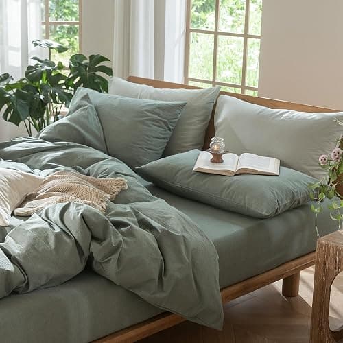 MooMee Bedding Pillowcases Pack of 2 100% Washed Cotton Linen Like Textured Breathable Durable Soft Comfy (Heathered Green, Standard) thumbnail 2