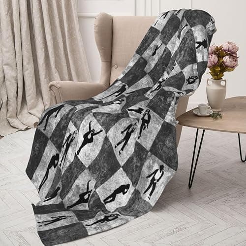 Black and White Checkered Hip Hop Dancer Throw Blanket, Funny Silhouette Dance Moves Pattern (80"x60") thumbnail 6
