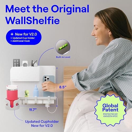 WallShelfie Bedside Wall Organizer & Dorm Decor for Dorm Room - 2.0, White | Dorm Room Essential, Floating Bedside Shelf Wall Mount Organizer, Remote Control Holder, Cool Teen Girls Trendy Stuff thumbnail 3