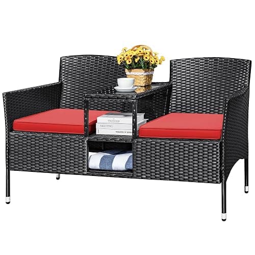 Devoko Outdoor Patio Loveseat Modern Rattan 2-Seat Patio Conversation Set with Cushions & Built-in Coffee Table Porch Furniture for Garden Lawn Backyard (Red) - Image 1