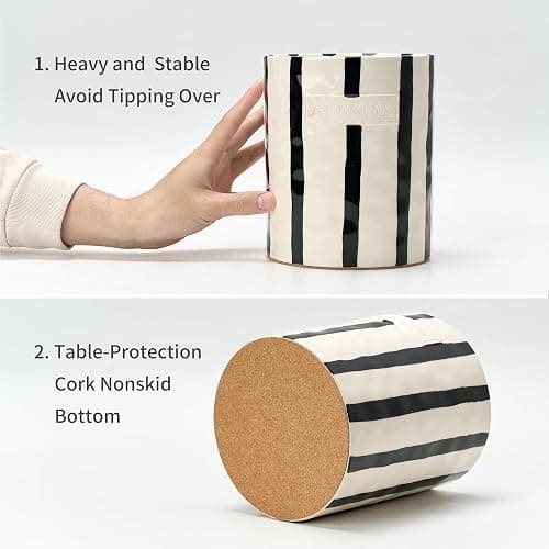 JIEMEI HOME Kitchen Utensil Holder, 7.2" Ceramic Stable Utensil Crock for Countertop, Modern Minimalism Style Cooking Tool Organizer with Cork Mat, Spatula Holder For Kitchen Decor, Black stripes thumbnail 5
