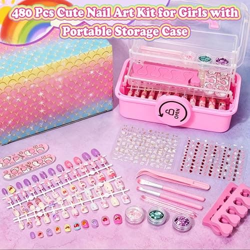 480 Pcs Girls Press ons False Nail Art Kit with Storage Case | Cute Stuff Gift for Girls 8-12 Fake Nails Adhesive thumbnail 2