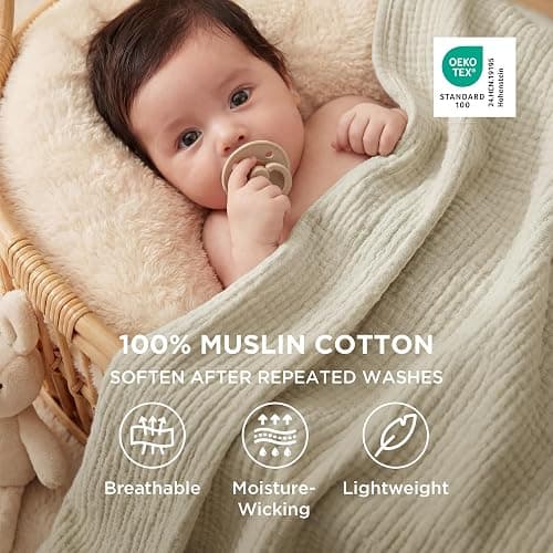 Bedsure 100% Cotton Muslin Blankets for Adults Large Throw 50x70 Inches - 4-Layer Breathable and Lightweight, Soft Boho Gauze Muslin Cotton Blanket for Couch Decor Travel Summer, Linen Beige thumbnail 4
