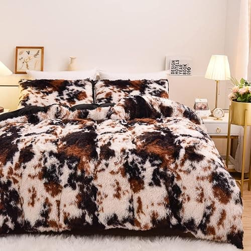 Aimuan Cow Print Duvet Cover Shaggy Fluffy Tie Dye Brown Black Velvet Bedding Cover Set Super Soft Faux Fur Fuzzy Comforter Cover with Pillowcases (Coffee-Black, Queen) - Image 1