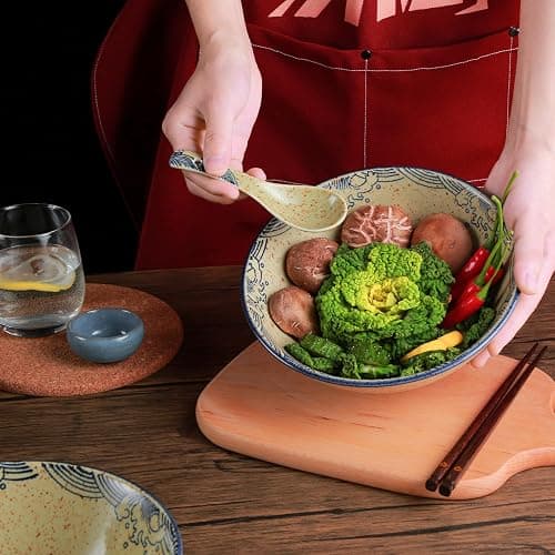 Ramen Schüssel Set 2 x 1200ml Keramik Ramen Bowl mit Essstäbchen und Löffeln,Japanisches Stil Porzellan Geschirr Suppenschüssel Groß Salatschüssel Pho Bowl,Mikrowelle & Spülmaschinenfest,Fisch thumbnail 8