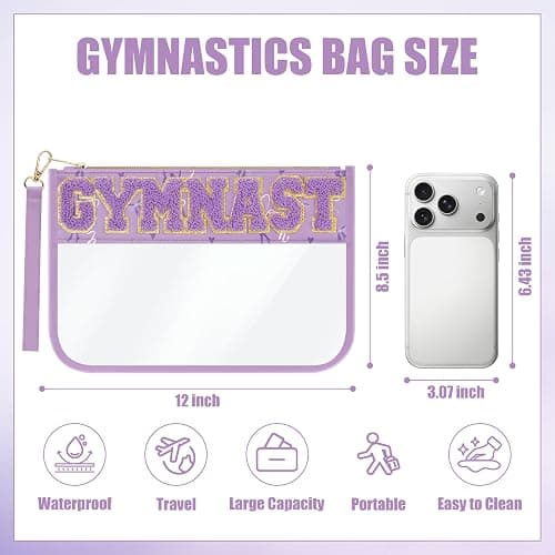 BuyCard Gymnastics Gifts Cosmetic Makeup Bag with Chenille Letter Patch, Clear Pouch PVC Organizer Purse, Waterproof Travel Bag, Portable Toiletry Storage Bag for Her Girls Friends Women thumbnail 2