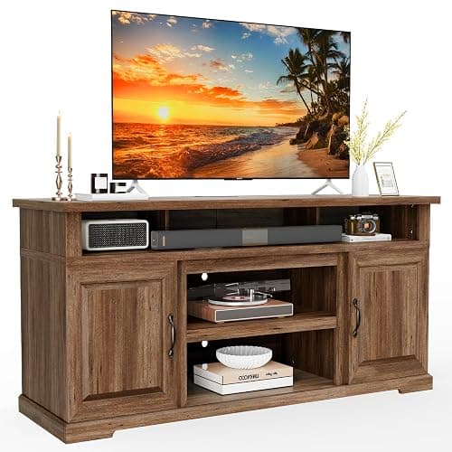 Marsail 70" Rustic Farmhouse TV Stand, Entertainment Center Fits TVs up to 80 Inch, Storage Cabinets, Adjustable Shelves & Built-in Power Outlets, for Living Room, Dark Brown - Image 1