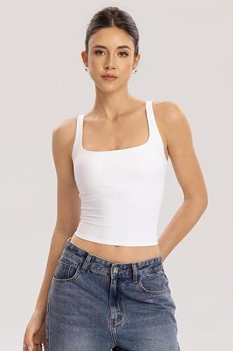 QINSEN Womens Tank Tops with Built in Bras Square Neck Double Lined Basic Sleeveless Workout Tops thumbnail 2