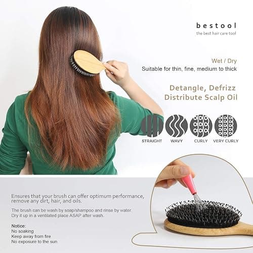 BESTOOL Hair Brush-Boar Bristle Hair Brushes Natural Bamboo Wooden Cushion Massage Anti Static Large Paddle Hairbrush for Women Men and Kid (Round) thumbnail 4