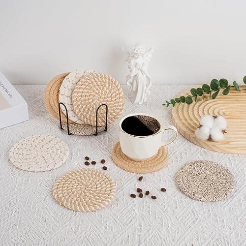Drink Coasters with Holder, 4 Colors Absorbent Coasters, Cotton Woven Coaster Set of 8 for Table Protection, Home Decor, Housewarming Gift thumbnail 5