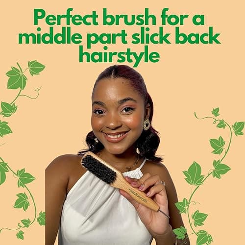 GranNaturals Smoothing & Styling Middle Part Boar Bristle Slick Back Hair Brush w/Narrow Metal Rat Tail End for Sectioning and Parting Sleek Ponytail Bun - Teasing, Backcombing, Edge Control thumbnail 5