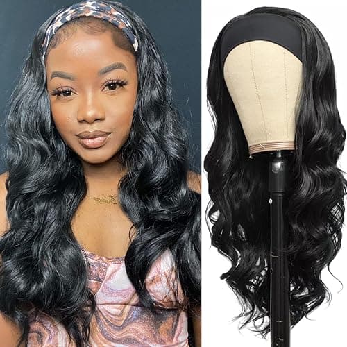 Colorful Queen Glueless Headband Wig Long Black Body Wave Headband Wigs for Black Women Synthetic Natural Looking Wavy Wig Heat Resistant 180% Density (26inch, 1B#) - Image 1