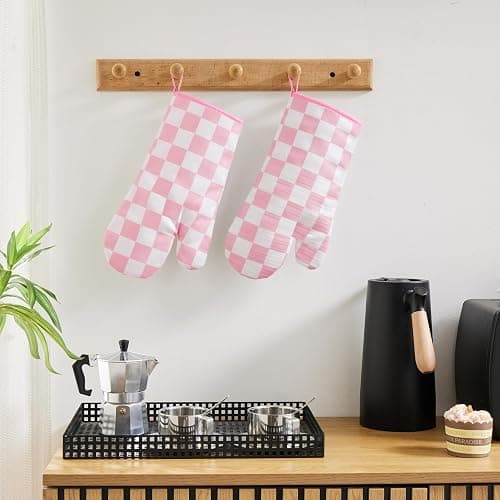 Ohocut Pink Checkered Oven Mitts Heat Resistant, Vintage Retro Checkerboard Cute Oven Mitts, Non-Slip Silicone Kitchen Gloves 1 Pair 7''x13'' thumbnail 4