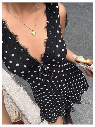 SOLY HUX Women's Polka Dots Mini Dress Lace Trim V Neck Sleeveless A Line Flowy Party Going Out Dresses thumbnail 3