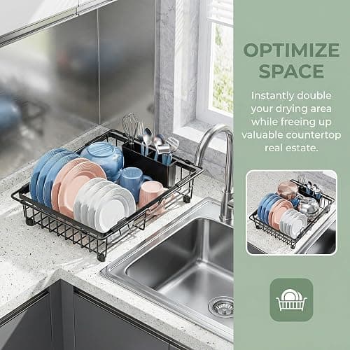 Expandable in Sink Dish Drying Rack - Adjustable Capacity Over The Sink Dish Drainer Drying Rack with Utensil Holder for Kitchen Counter, Drying Rack for Small Space,14.96“L x 11.81“W x 3.74”D thumbnail 5
