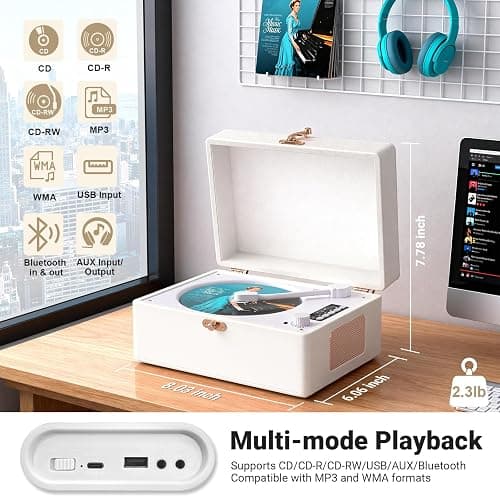 Retro CD Player with Bluetooth in&Out Portable Music Player for Relaxing Anywhere,Auto Power Off,USB,AUX,Headphone Jack,Vintage CD Player for Music Lovers,Birthday Gifts for Women/Men-White thumbnail 3