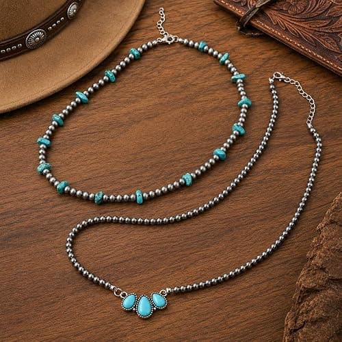 Zurlcdye Turquoise Necklaces for Women Charm Boho Western Vintage 3 Black Beaded Necklace with Teardrop Turquoise Pendant Layered Necklace Chic Country Concert Outfits Birthday Jewelry Gifts thumbnail 7