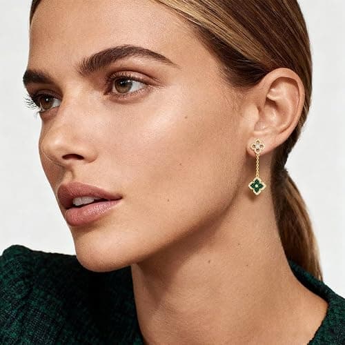 MONOOC Mothers Day Gifts - Clover Dangle Earrings for Women Dangle Stud Earrings 14K-Gold-Plated Lucky Four Leaf Clover Earring for Woman Jewelry Lucky Birthday Mothers Day Gift for Mom Wife Her thumbnail 2