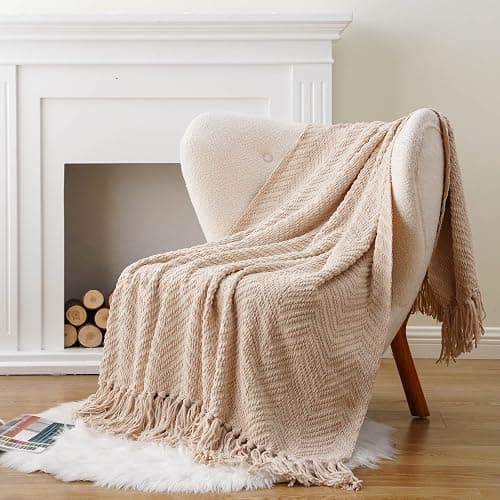 BATTILO HOME Beige Throw Blanket for Couch, Knitted Beige Throw for Bed, Neutral Throw Blankets Tan Throw Blanket for Room Decor Housewarming Gifts, 50" x 60" thumbnail 5