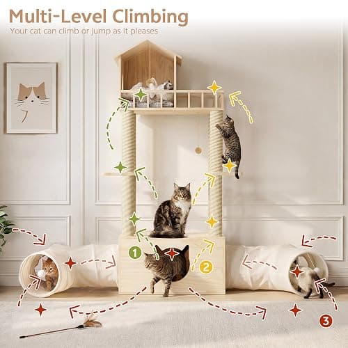 Homiflex Wood Cat Tree with 2 Tunnels, 61''H Pine Wood Cat Tower for Adult Cats, Sturdy & Durable Pet Climbing Systems for Indoor, Multi-Level Wooden Tower with Scratching Posts, Runway, Burlywood thumbnail 5