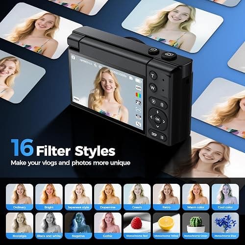 4K Digital Camera for Photography Vlogging: 64MP Cam for YouTube with 3" 180° Flip Screen - 16X Digital Zoom Point and Shoot Camara with 32GB Micro SD Card for Kids Teens Beginners thumbnail 8