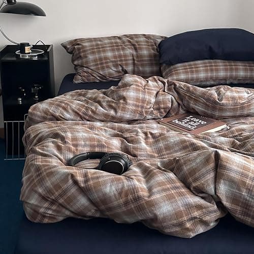 EAVD Vintage Buffalo Plaid Duvet Cover King 100% Washed Cotton Brown&Blue | 3-Piece Aesthetic Bedding Set, Reversible Gingham Pattern, 1 Duvet Cover with 2 Pillowcases, Retro Farmhouse, Zipper Closure thumbnail 2