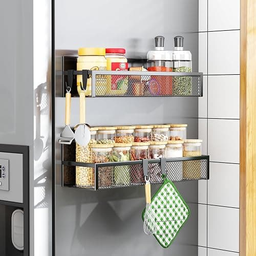Aufworld Porte-épices magnétique pour réfrigérateur - Lot de 2 étagères magnétiques, organisateur frigo avec 4 crochets amovibles, étagère magnétique pour rangement et organisation de cuisine(2 PACK) - Image 1