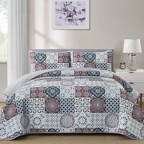 Dobuyly Patchwork Quilt Set Queen Size Boho Plaid Bedspread Red Grey Quilt Coverlet Set, 3 Pieces Soft Microfiber Lightweight Farmhouse Summer Bedding Set for All Seasons 96"x90" thumbnail 2